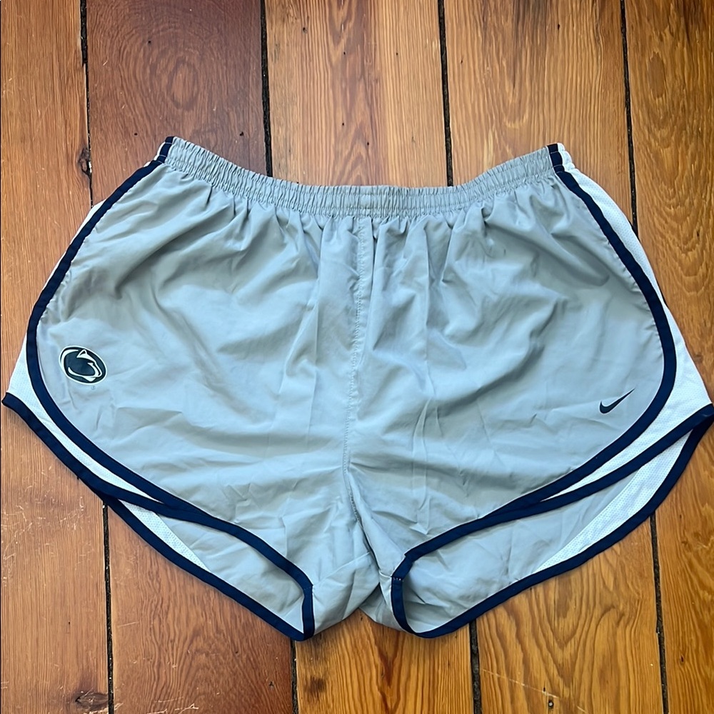 Nike Light Gray Running Shorts with Navy Trim and Penn State Patch